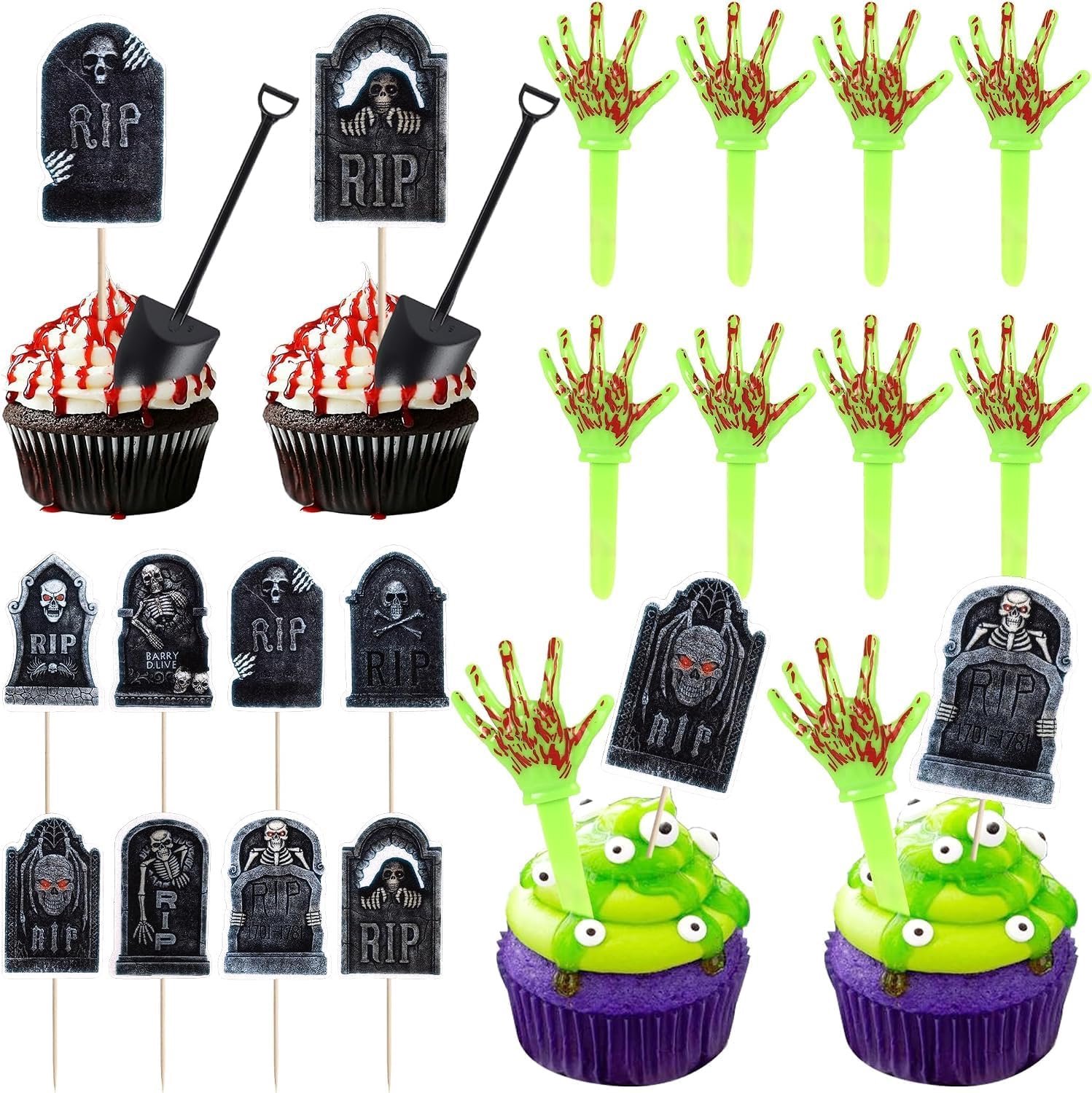 60 Halloween taartdecoraties Grafsteen, zombiehanden en mini-schopjes