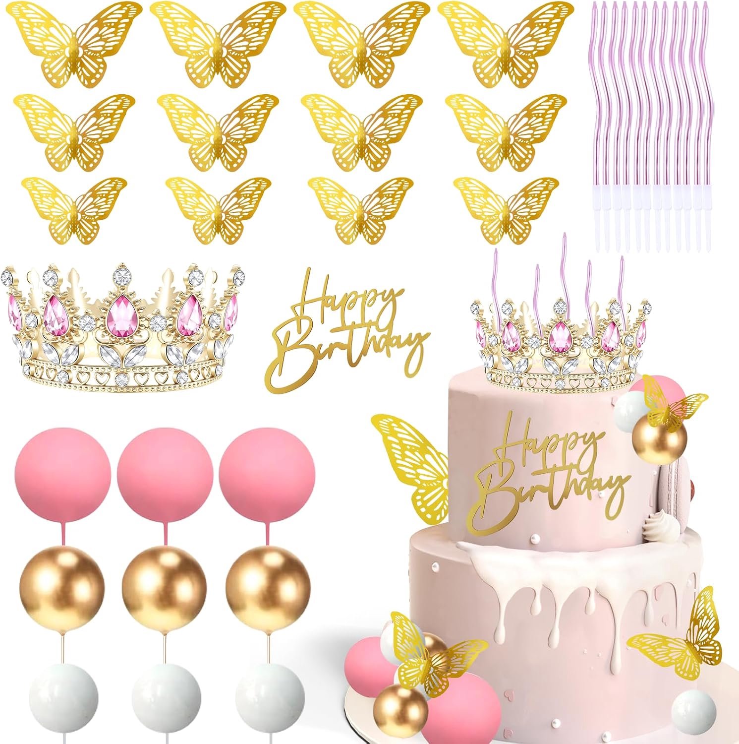 Diamanten kroon taartdecoratie 35 stuks met kaart "Happy Birthday" 3D bliksem, vlinder, prinsessen kroon voor taart