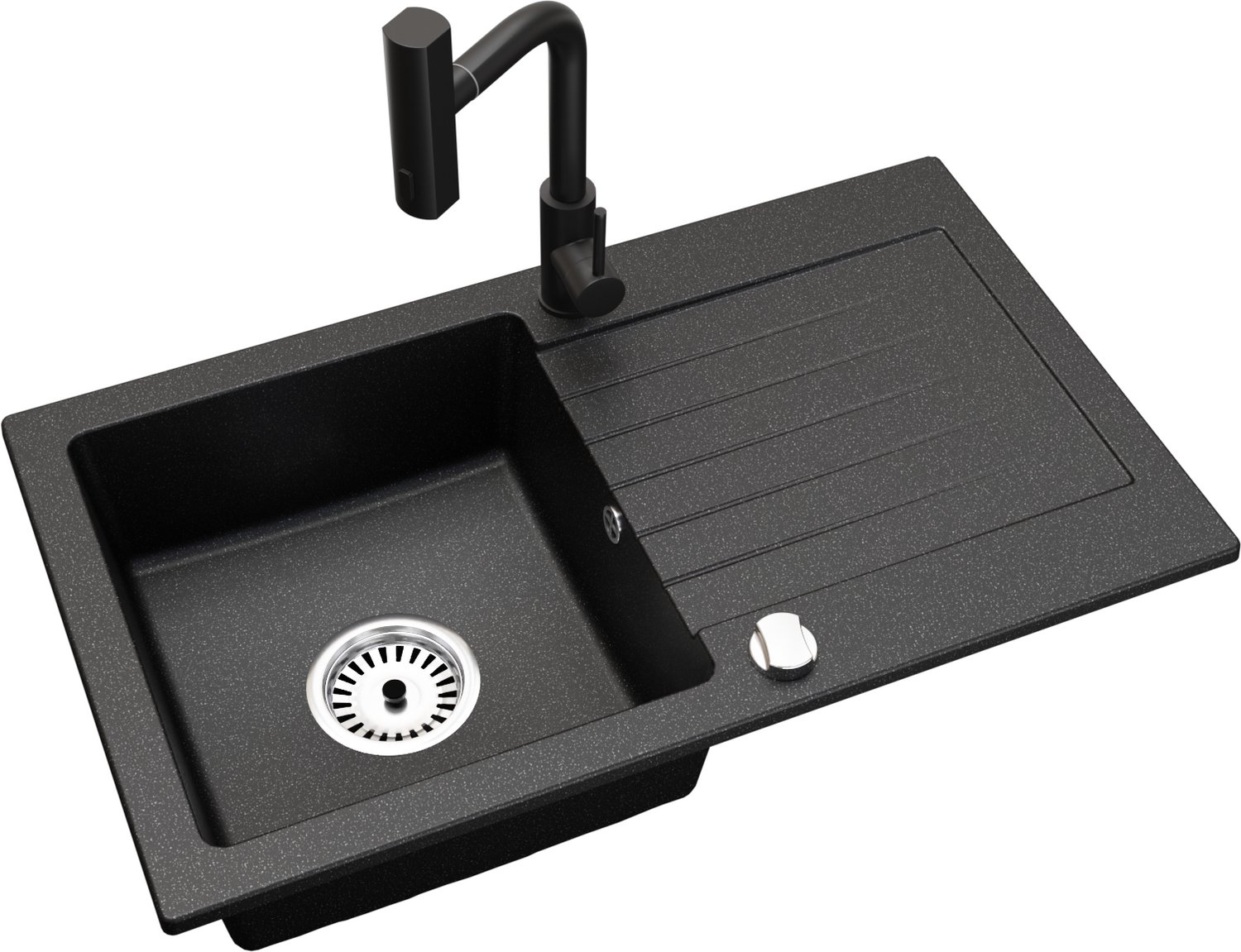 Faizee Home Alisha Granieten Spoelbak 75 × 44 cm – Keuken Spoelbak van Kwartscomposiet – Omkeerbaar – Inclusief Afvoer Schwarz Gesprenkelt Aqua Twist