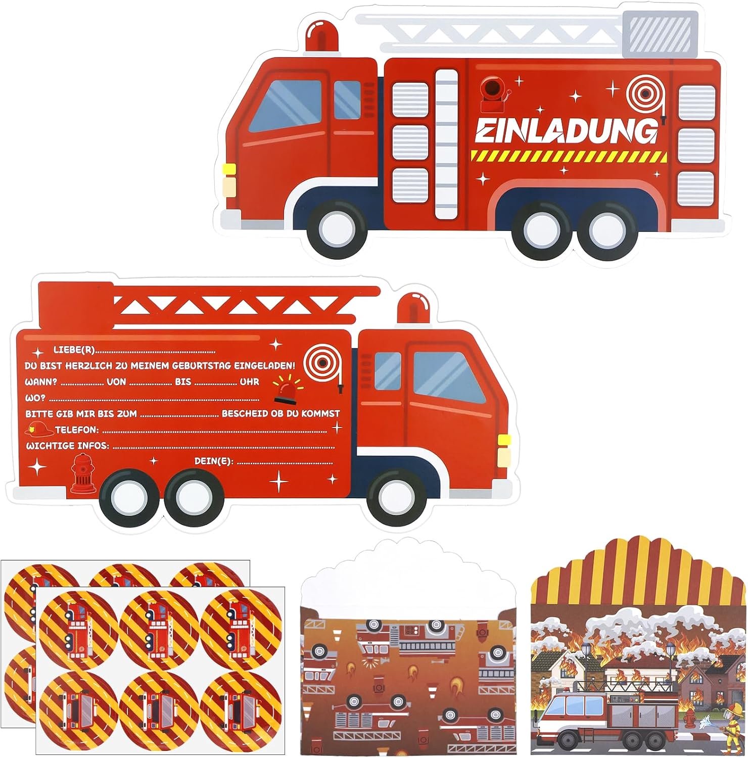12 Uitnodigingskaarten Brandweerauto Kinderfeestje