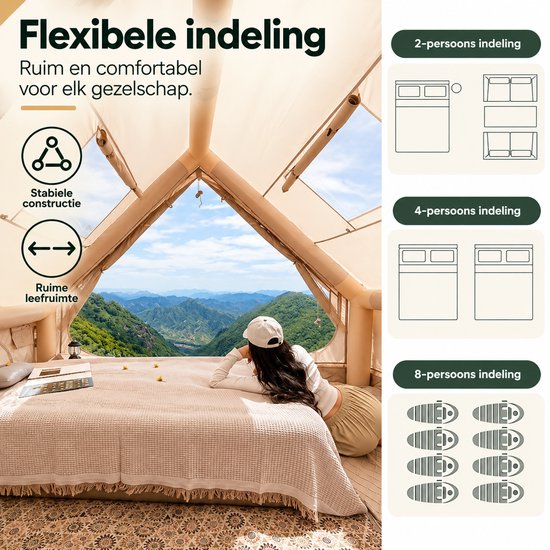 DPLUNIQ Tent - Opblaastent - Kampeertent - Kamperen - Camping - 8/10 Personen - Waterdicht - 4 Seizoenen - 400x300x210cm - Beige — afbeelding 3
