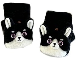 Handschoenen met flap, pluche Corgi design, vingerloos, warm, winddicht, touchscreen geschikt, multifunctioneel, winterhandschoenen