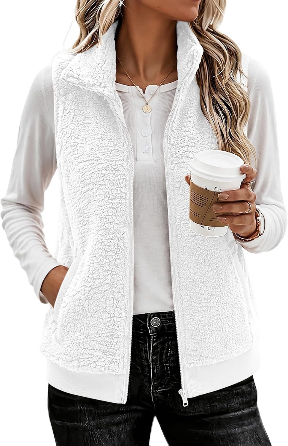 Vest teddy fleece met kraag en zakken