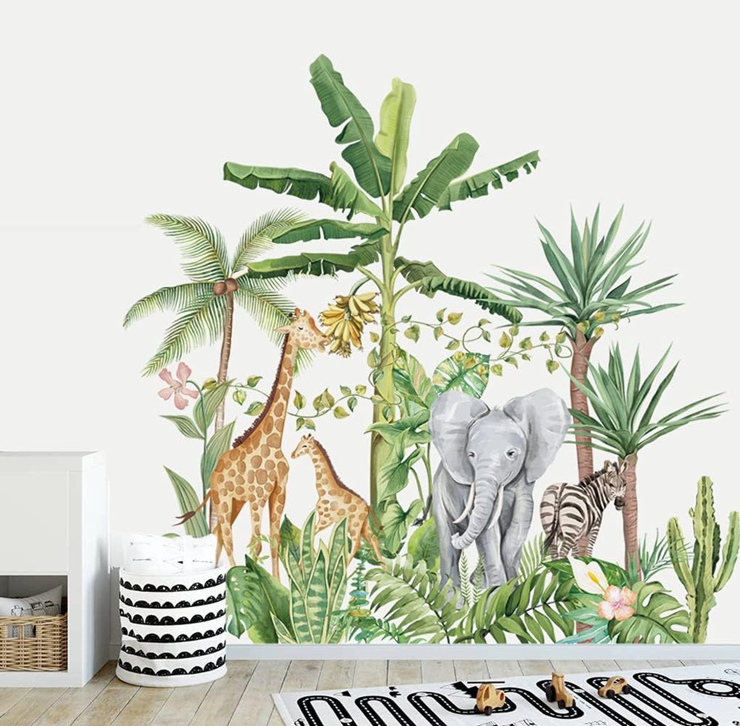 Muurstickers Kinderkamer - Tropische jungle dieren - Giraffe, olifant en planten - Vemera