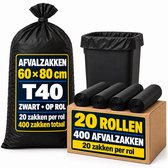 Afvalzakken T40 – Vuilniszakken 60 x 80 cm – 20 Rollen x 20 Stuks – 400 Afvalzakken – Grootverpakking voor Huishouden en Bedrijven – Zwart