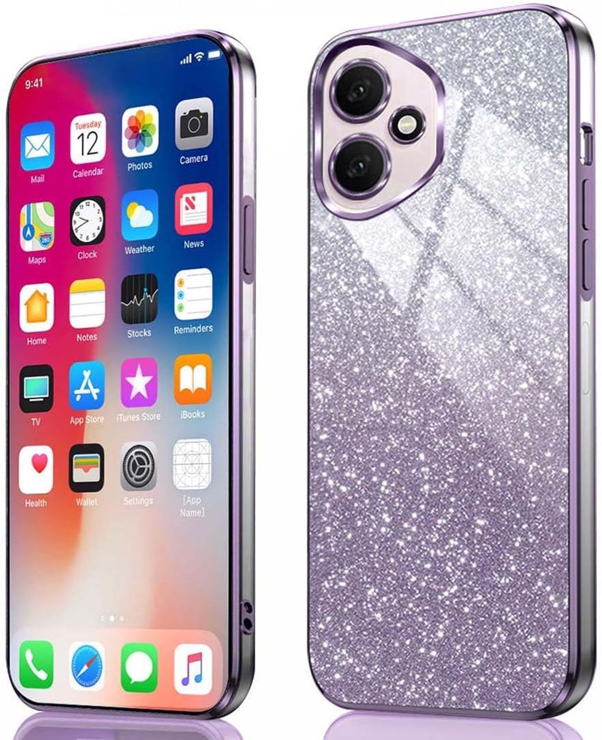 Hoesje voor honor 400 - Schokbestendig, zachte siliconen cover met elektrolytisch geplateerde randen en geïntegreerd glitter kaart ontwerp -Gradiënt paars