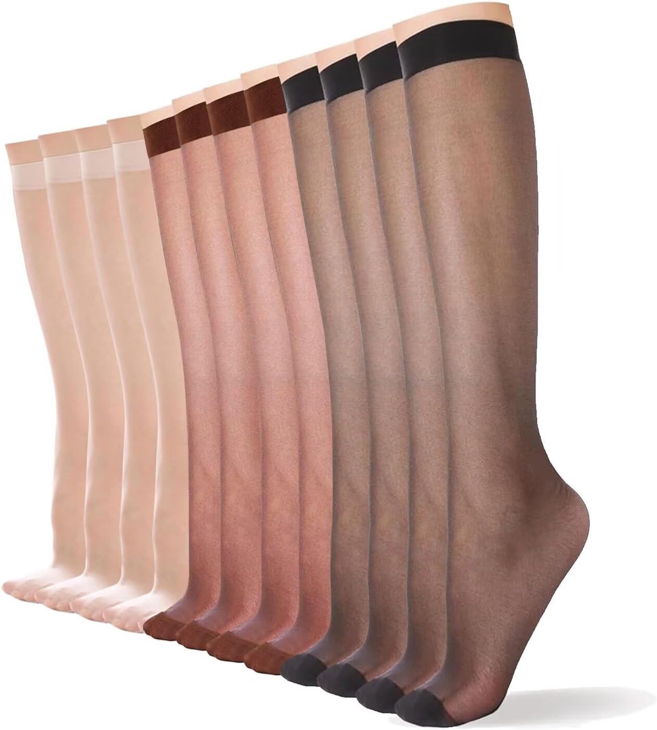 YAGAXI Transparante kniehoge panty's voor dagelijks gebruik, 12 paar 20D-nylon kousen met versterkte teenzone