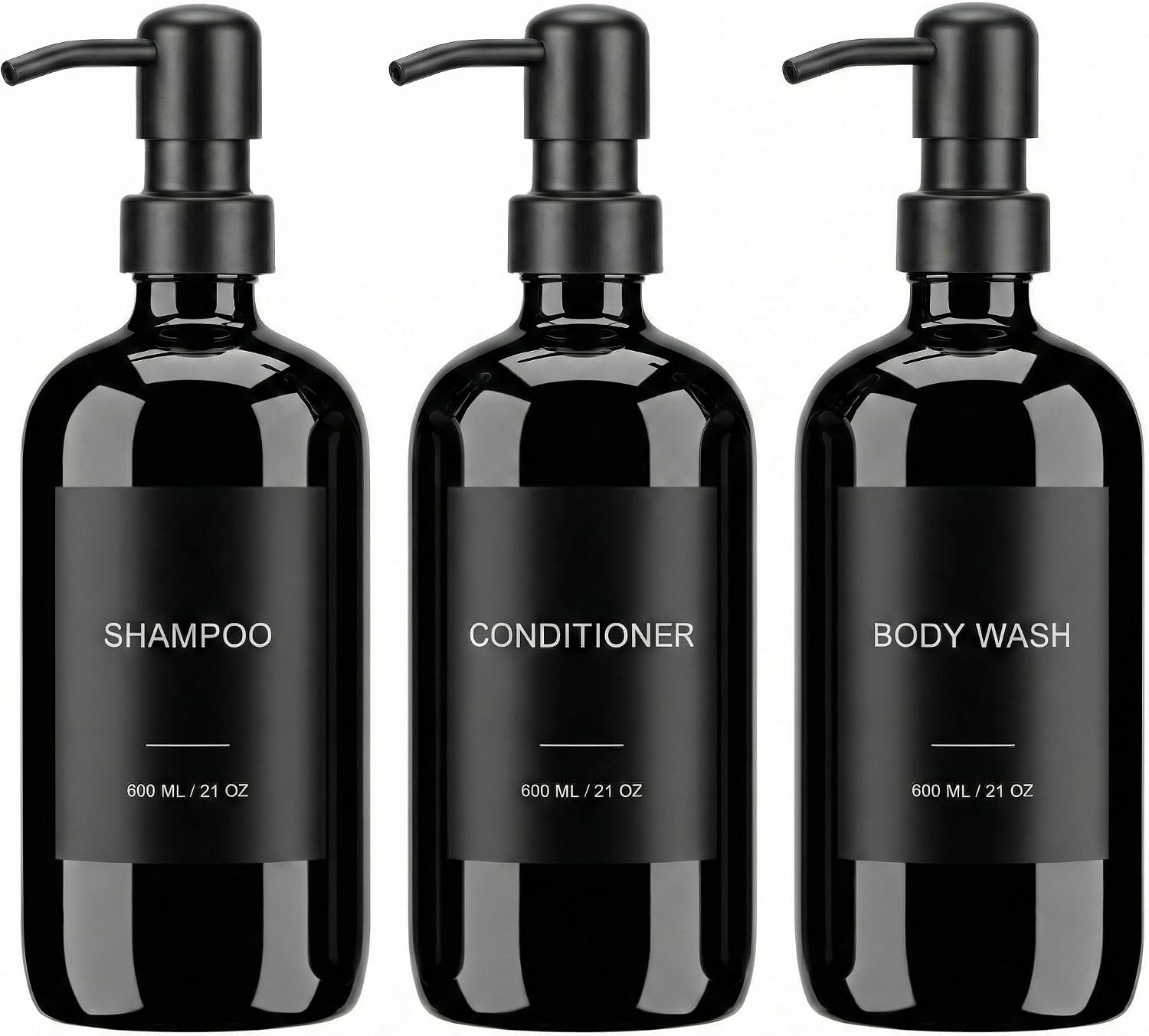 Shampoo dispenser set 600ml - zwarte roestvrijstalen pomp - 3 herbruikbare PET flessen - stijlvol badkamerorganizer - ShopVlot