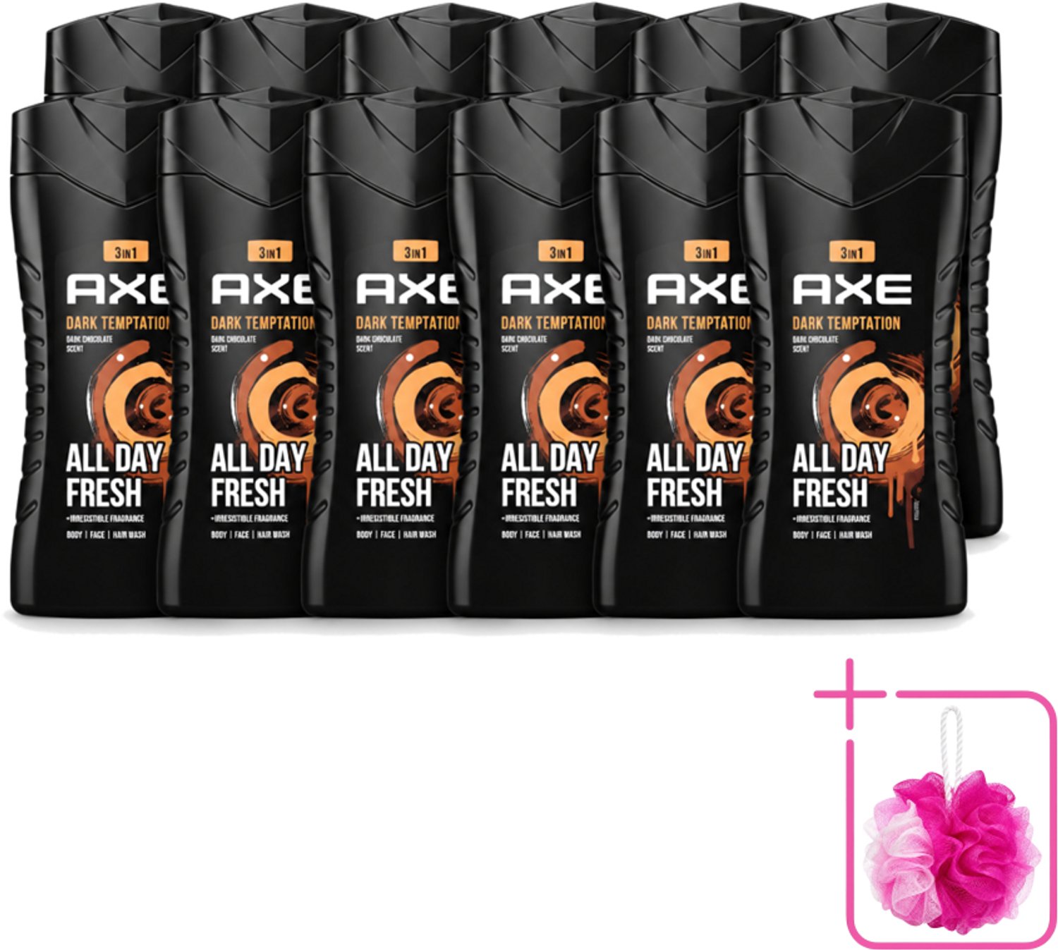 12 x Axe - 3-in-1 Douchegel - Dark Temptation - Dark Chocolate - 250 ml - Bulkverpakking - Douchegel - Douchemop - Chocolade
