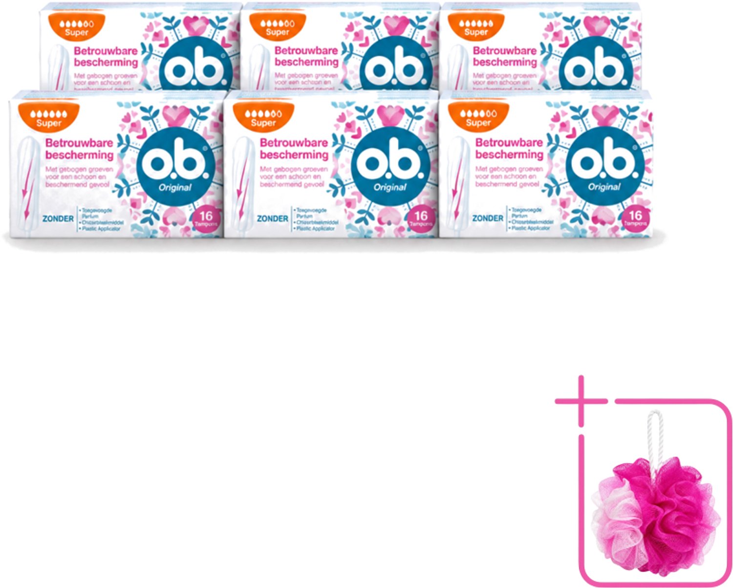 6 x o.b. Tampons - Original Super - Gebogen Groeven - Voor Betrouwbare Bescherming - 16 Tampons - Bulkverpakking - Tampons - Douchemop - Menstruatiebescherming