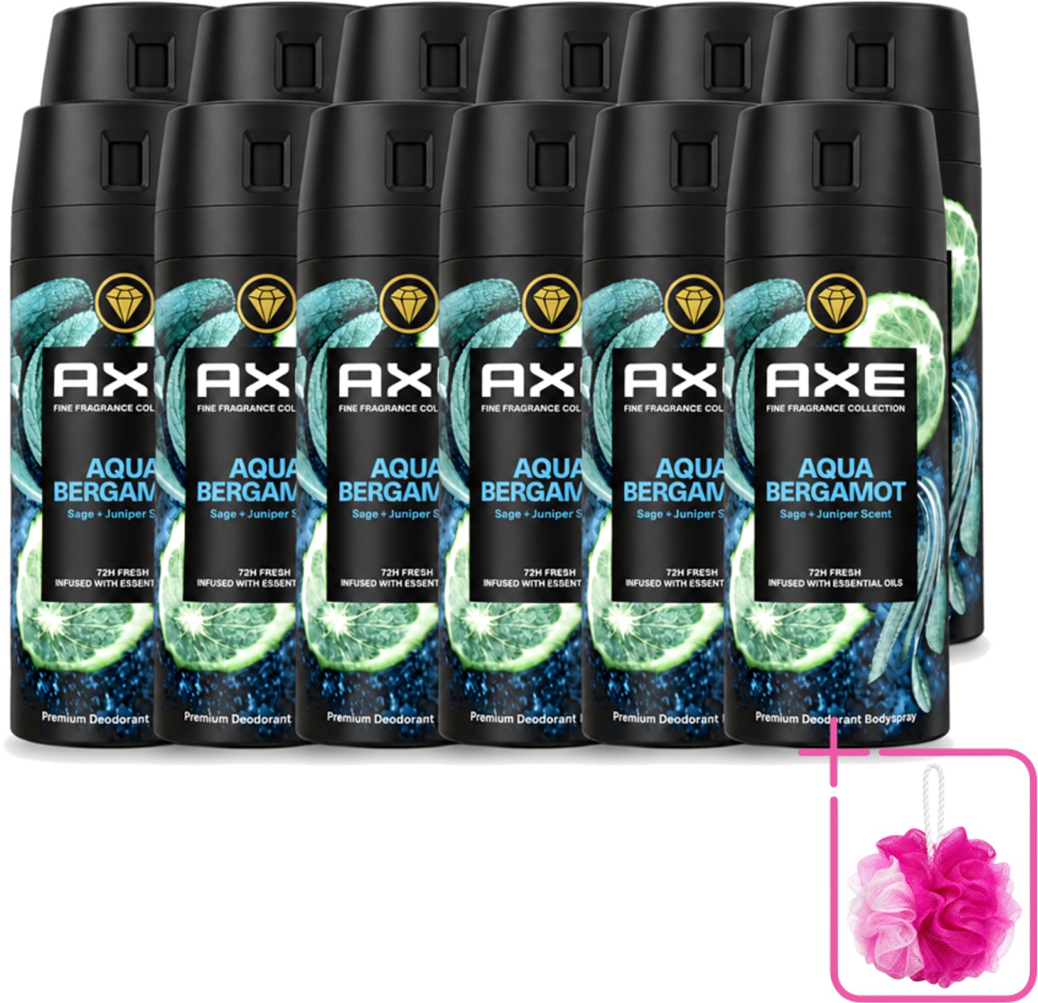 12 x Axe - Deodorant Bodyspray - 72hrs Fresh - Aqua Bergamot - Sage & Juniper - 150 ml - Bulkverpakking - Deodorant - Douchemop - Bodyspray