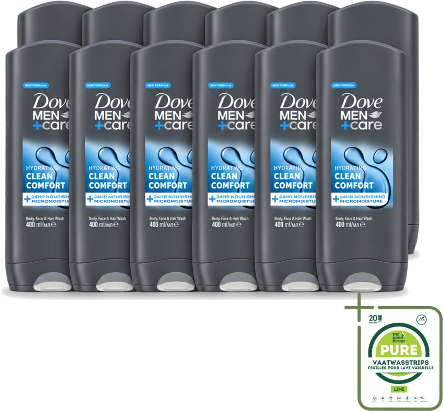 12 x Dove - Douchegel - Men+ Care Clean Comfort - Comfort en verzorging - 400 ml - Grootverpakking - Vaatwasstrips - Douchegel - Mannelijke Geur - Verfrissend - Energie - Reiniging