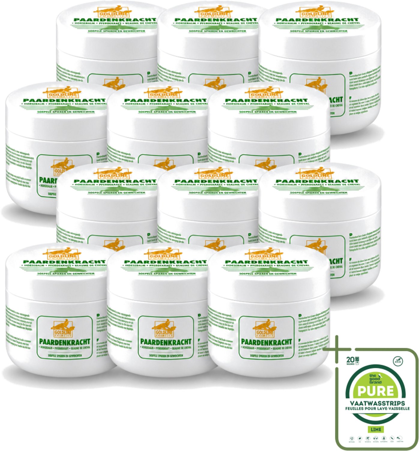 12 x Goldline - Bodycrème - Paardenkracht - Herstel & Verzorging - 250 ml - Grootverpakking - Vaatwasstrips - Paardenkracht Bodycrème - Huid Herstel - Huid Verzorging - Spieren Verzorgen - Gewrichten Verzorgen