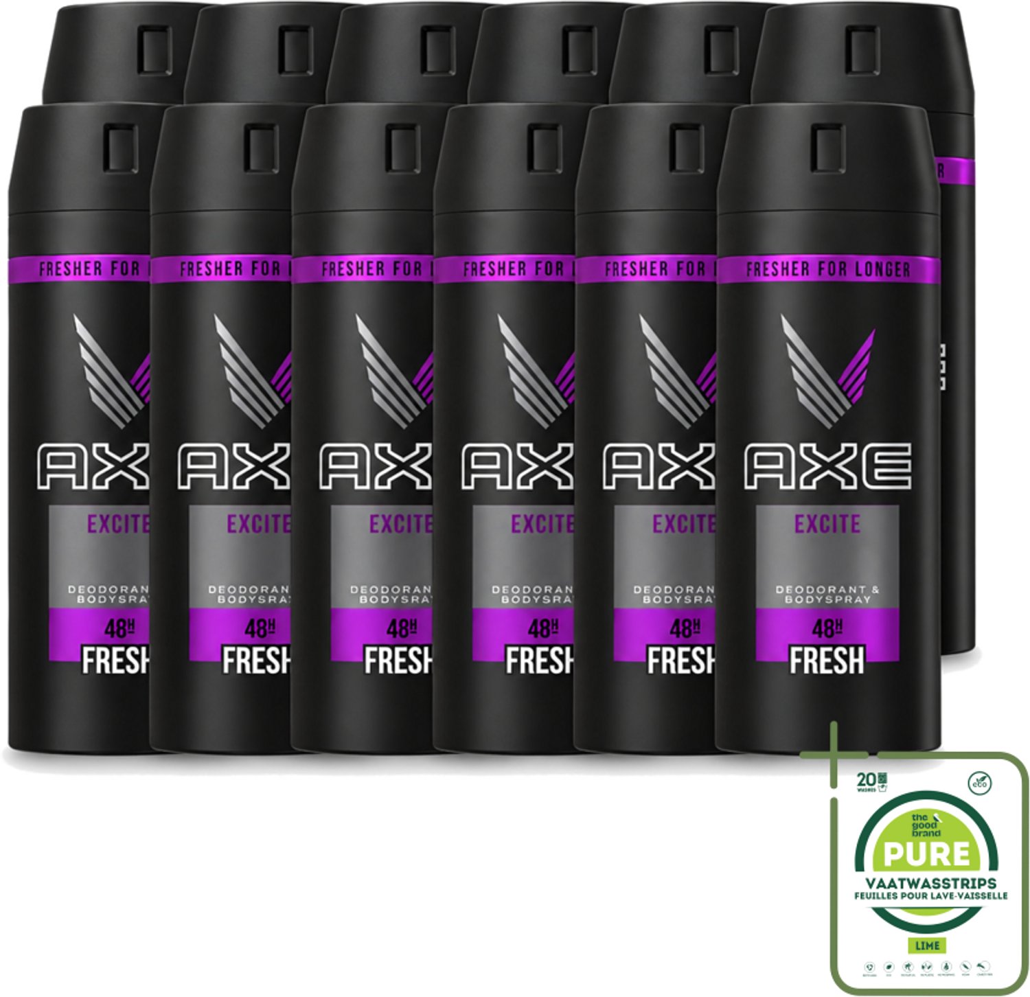 12 x Axe - Deodorant Bodyspray - 48hrs Fresh - Excite - 150 ml - Grootverpakking - Vaatwasstrips - Deodorant - Bodyspray - Geur - Lichaamsgeur - Axe Excite