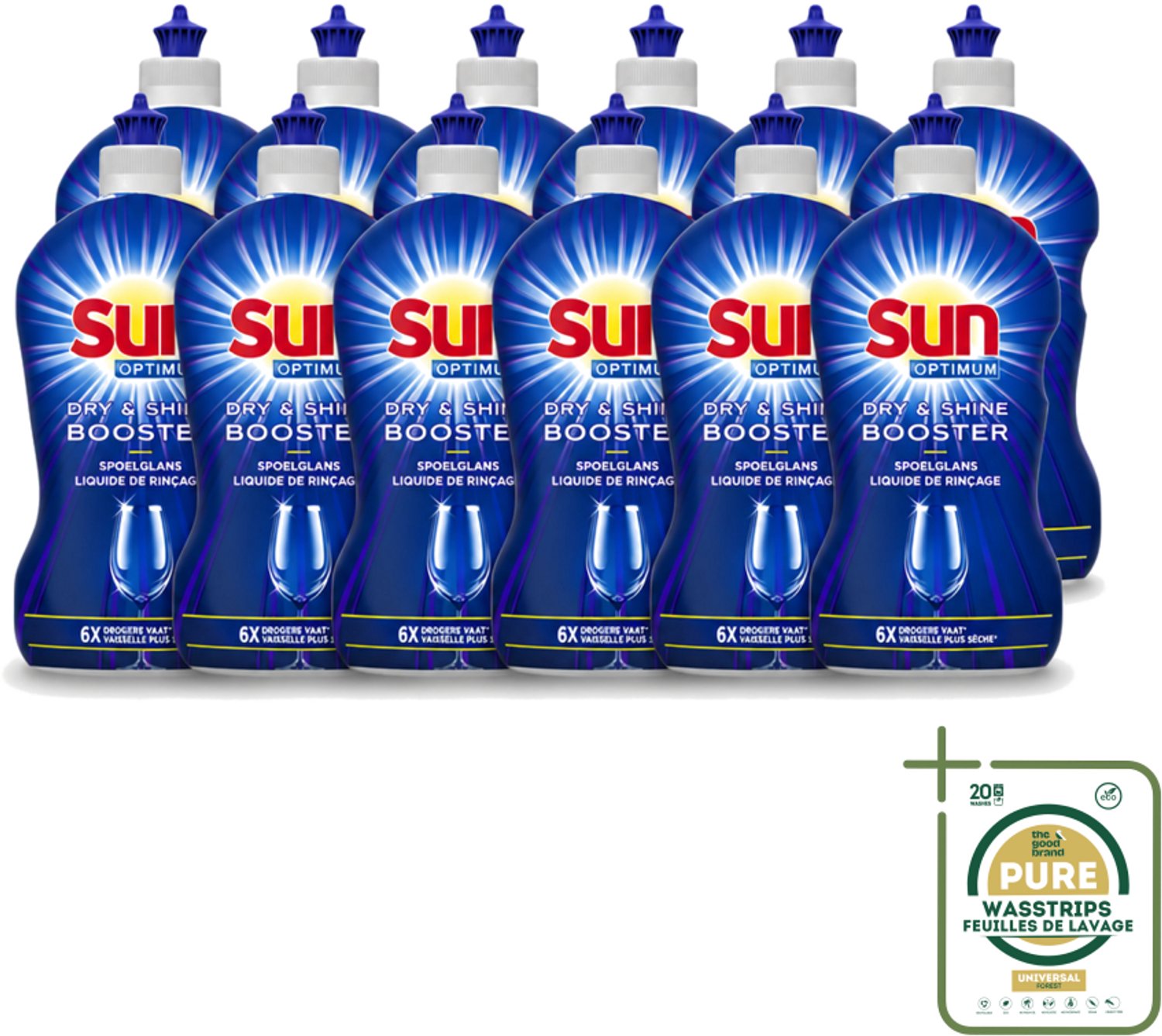 12 x Sun - Shine & Dry Booster - Spoelglans - 450 ml - Wasstrips - Spoelglans - Vaatwasmachine - Snellere Droging - Streeploze Afwerking - Glanzend Resultaat
