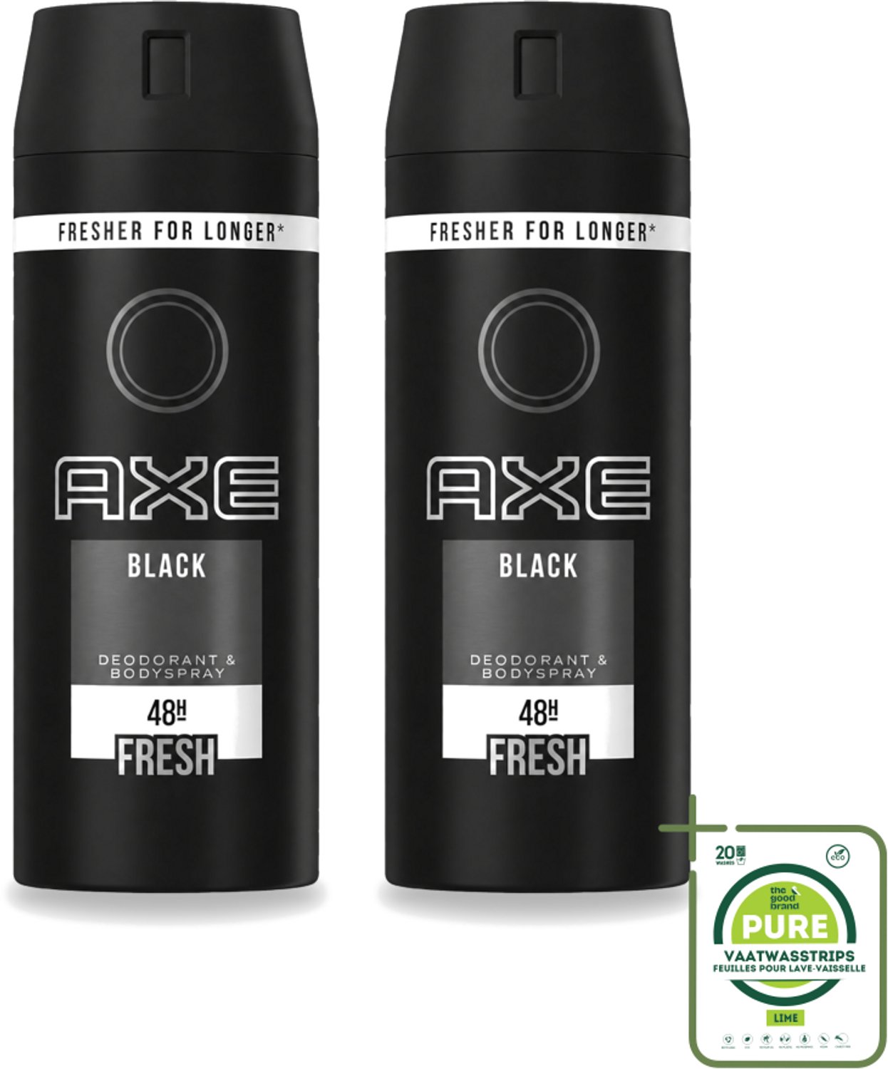 2 x Axe - Deodorant Bodyspray - 48hrs Fresh - Black - 150 ml - Grootverpakking - Vaatwasstrips - Axe Deo - Zweetgeur - Bodyspray - Anti-transpirant - Sandelhout