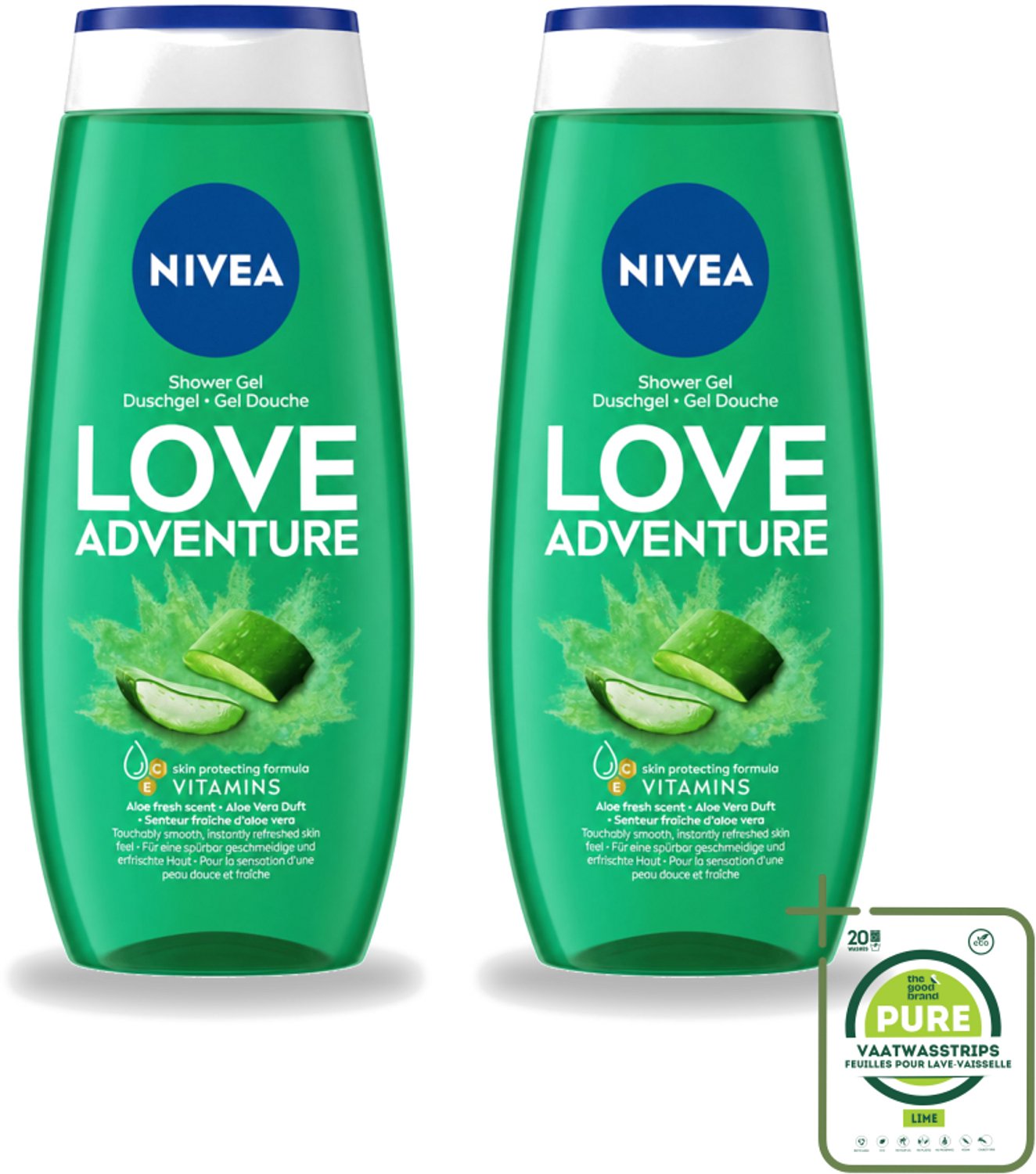 2 x Nivea - Love Adventure Douchegel - Huidbeschermend - 250 ml - Grootverpakking - Vaatwasstrips - Douchegel - Verfrissend - Huidbeschermend - Vitamine C - Vitamine E