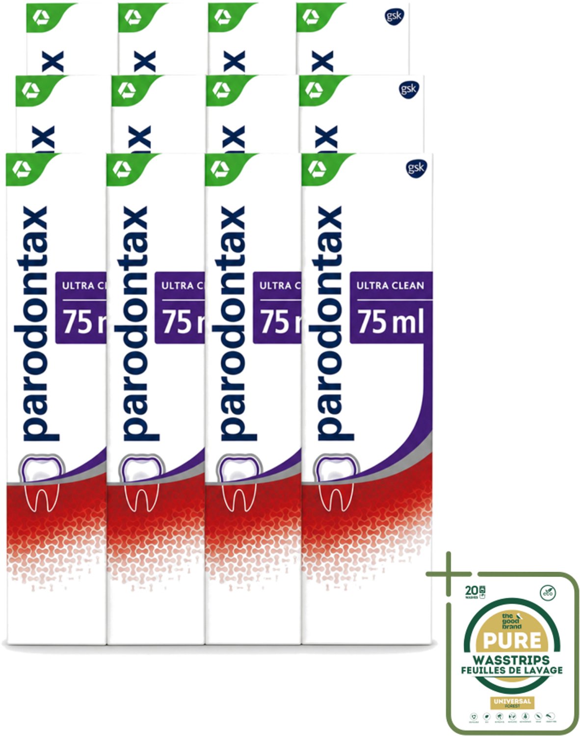 12 x Parodontax – Tandpasta – Ultra Clean – 75 ml - Wasstrips - Tandpasta - Tandplak - Tandvlees - Bloedend Tandvlees - Fluoride