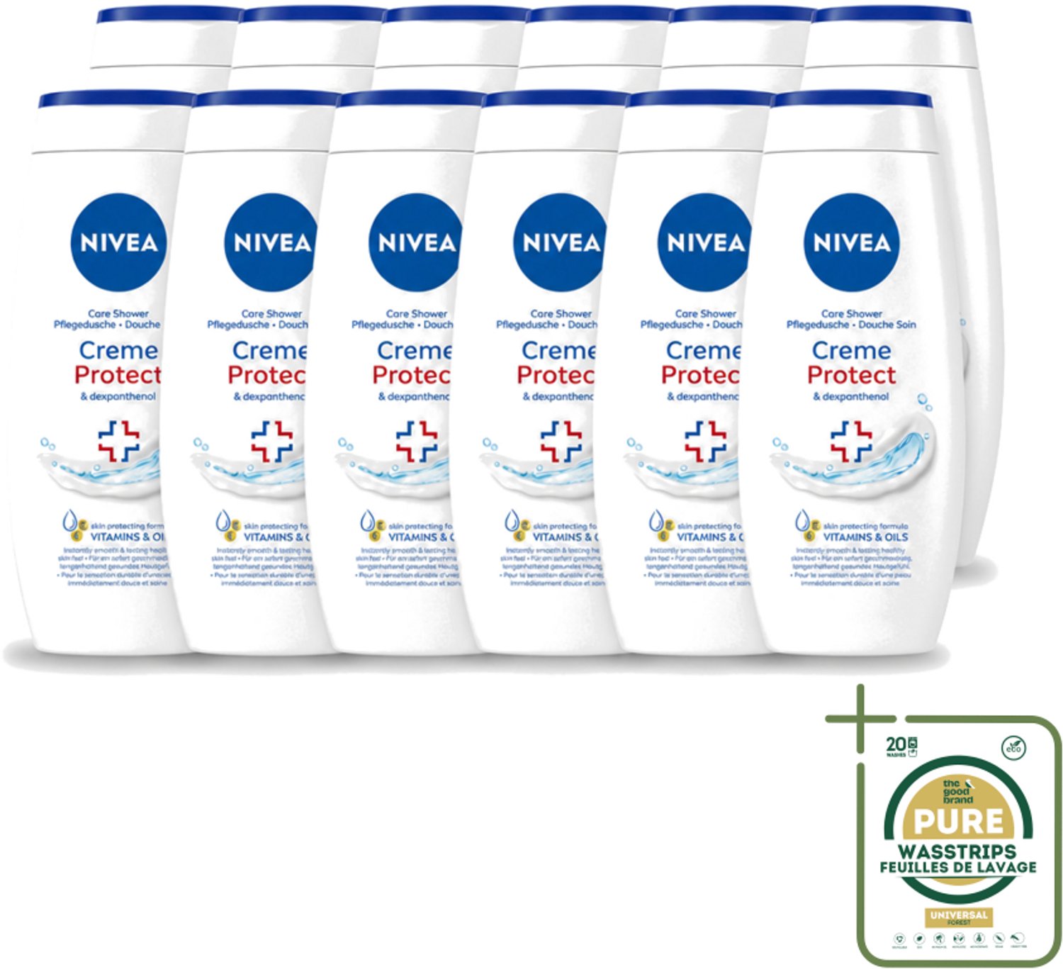 12 x Nivea – Douchecrème – Protect – 250 ml - Wasstrips - Douchecrème - Huidverzorging - Huidbescherming - Vitamine C - Vitamine E