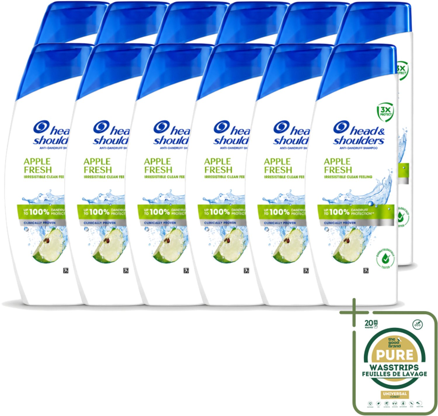 12 x Head & Shoulders - Shampoo - Apple Fresh - 250ml - Wasstrips - Roosvrij Haar - Fris Haar - Appelgeur Shampoo - Anti-roos Shampoo - Hoofdhuid Verzorging