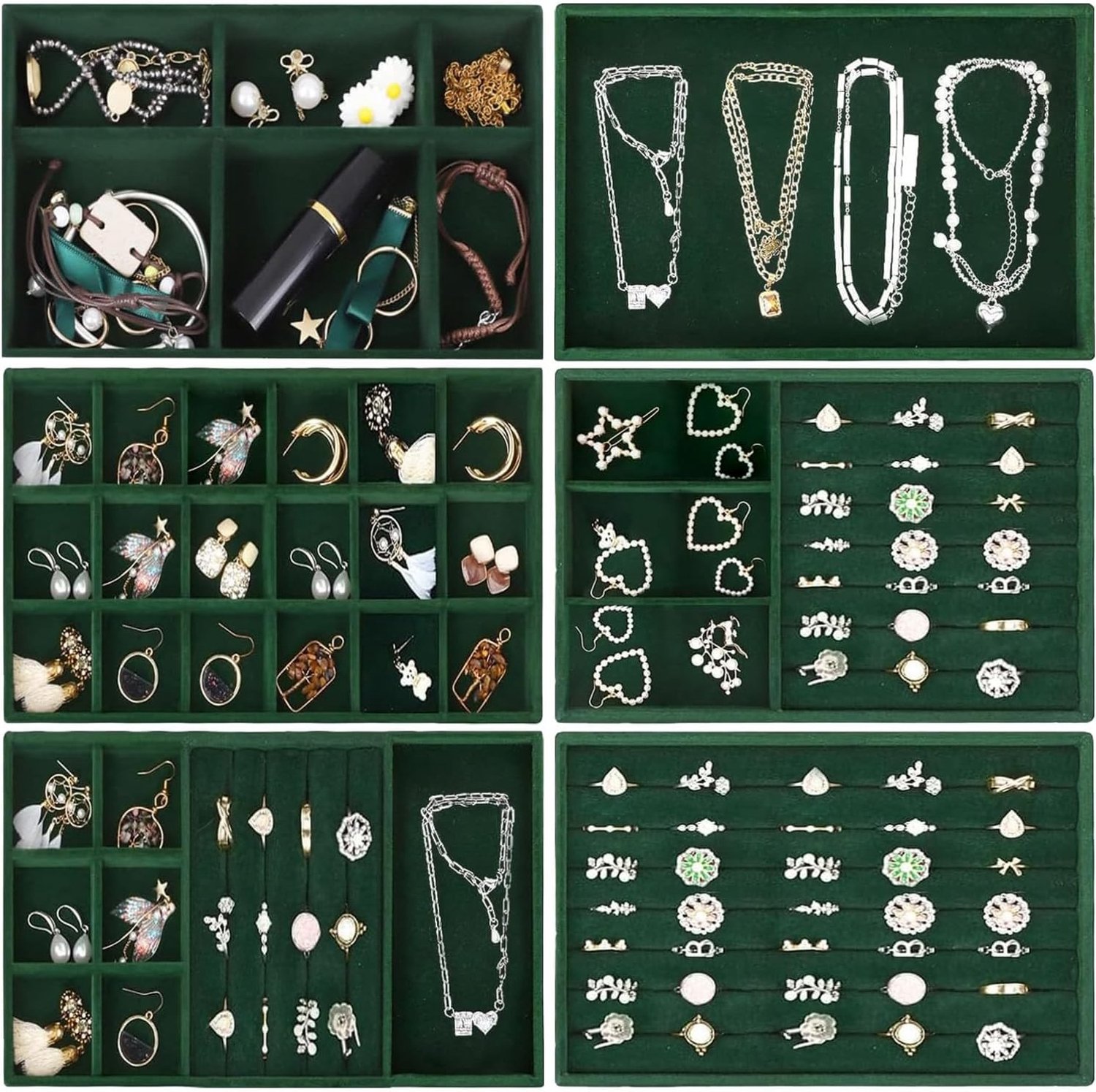 Sieradenopbergtray, 6-delige set voor sieraden, opbergdoos voor oorbellen, armbanden en ringen, stapelbare velours organizers in donker groen
