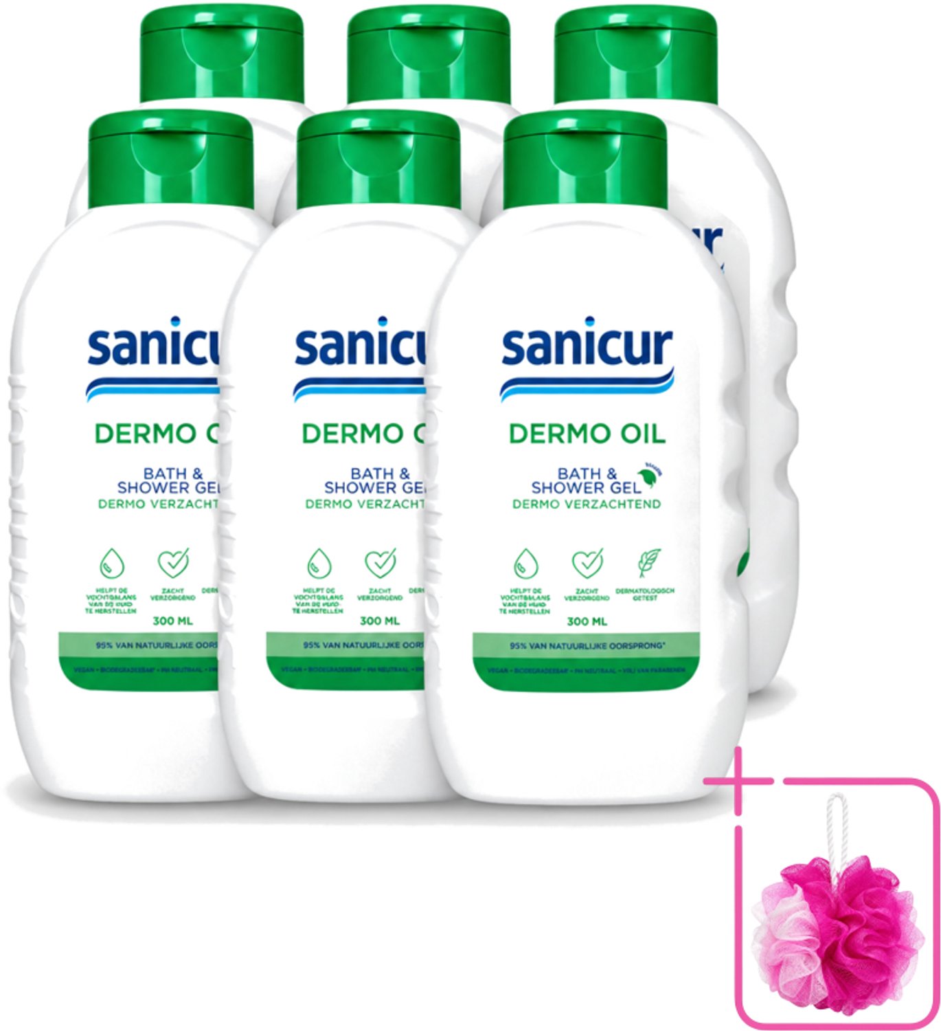 6 x Sanicur – Bad & Douchegel – Dermo-Oil – 300 ml - Bulkverpakking - Bad en douchegel - Douchemop - Droge huid