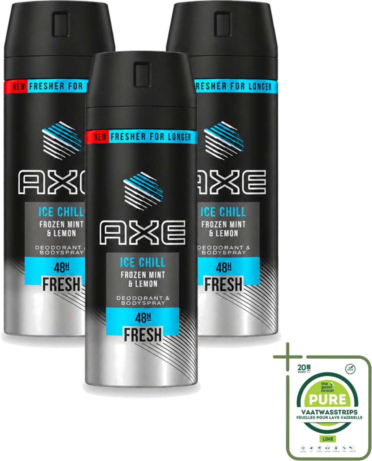 3 x Axe - Deodorant Bodyspray - 48hrs Fresh - Ice Chill - Frozen Mint & Lemon - 150 ml - Grootverpakking - Bevroren Munt - Citroen - Frisheid - Geurbestrijding - Deodorant