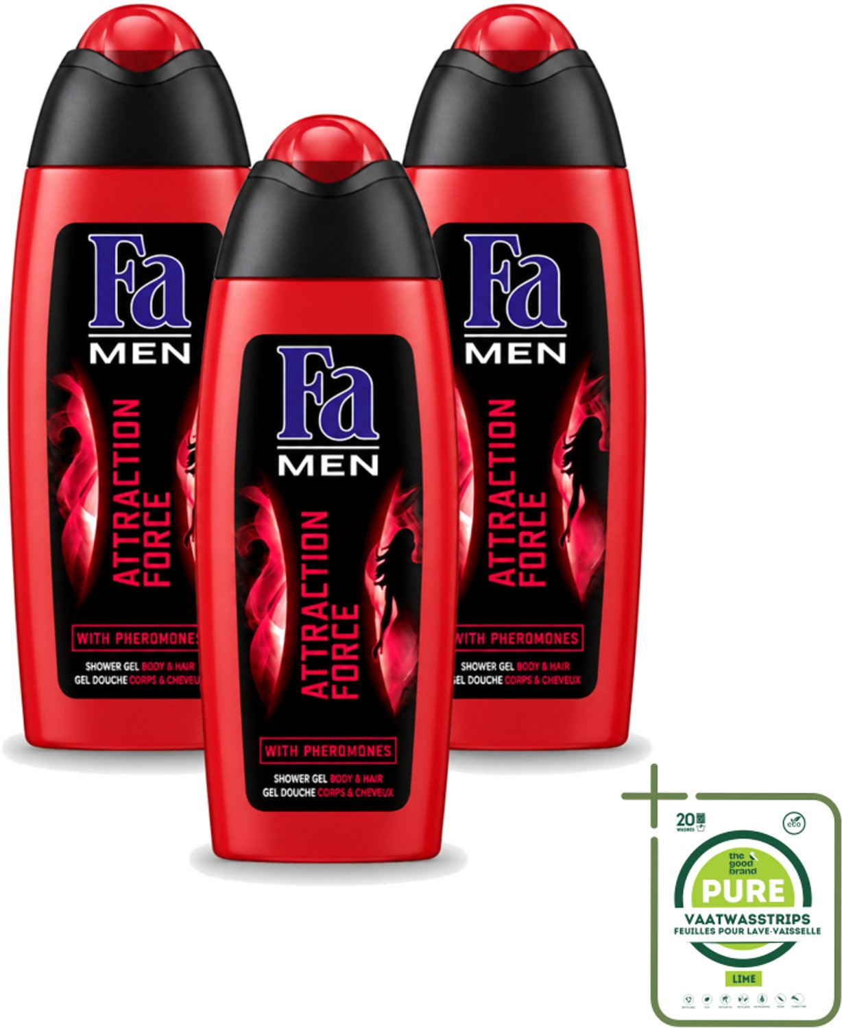 3 x Fa - Douchegel - Attraction Force - Mannen Lichaam & Haar - Bergamot & Limoen - Verfrissend - 250 ml - Grootverpakking - Vaatwasstrips - Douchegel Mannen - Bergamot En Limoen - Verfrissend Lichaam - Haar Reinigen - Verkwikkend Geur