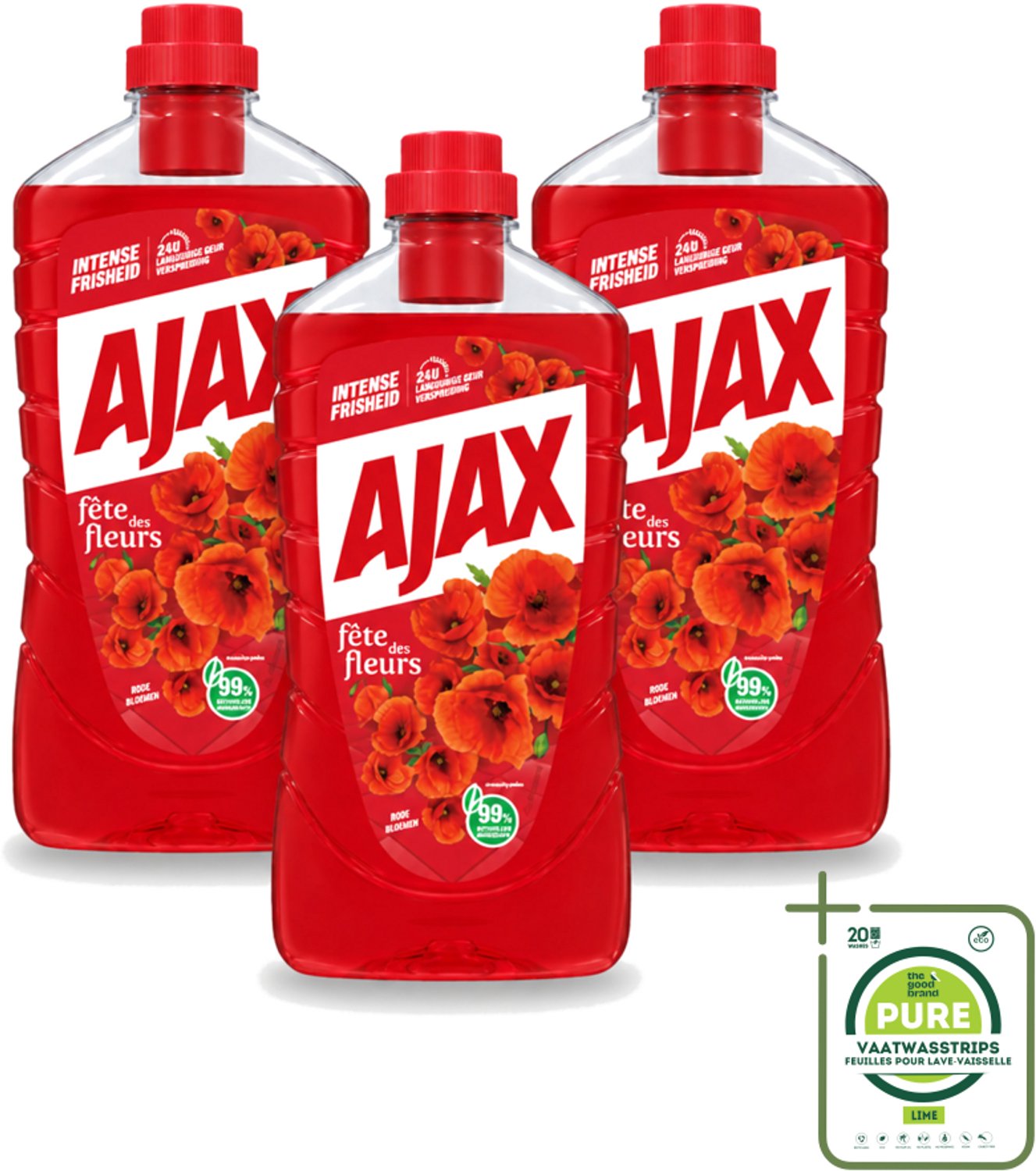 3 x Ajax - Allesreiniger - Fête des Fleurs - Intense Frisheid - Langdurige Geurverspreiding - 1 L - Grootverpakking - Vaatwasstrips - Allesreiniger - Bloemgeur - Natuurlijke Reiniging - Frisheid - Gerecycled