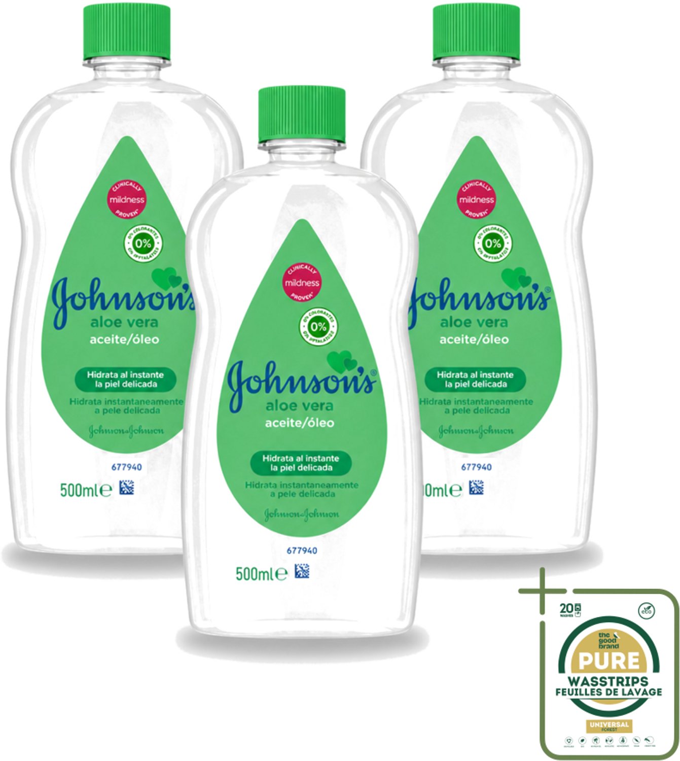 3 x Johnson's - Baby Olie - Aloe Vera - Hydrateerd Gevoelige Huid - 500 ml - Wasstrips - Babyolie - Aloe Vera - Gevoelige Huid - Melkkorst Verwijderen - Hydraterende Olie