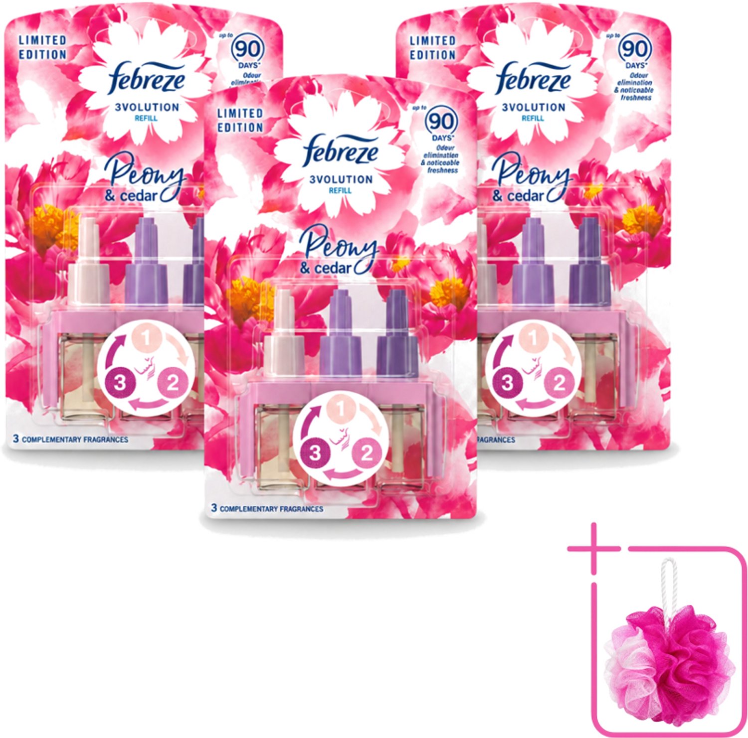 3 x Ambi Pur – Luchtverfrisser – 3Volution Peony & Cedar – Langdurig - Bulkverpakking - Luchtverfrisser - Douchemop - Elektrische luchtverfrisser