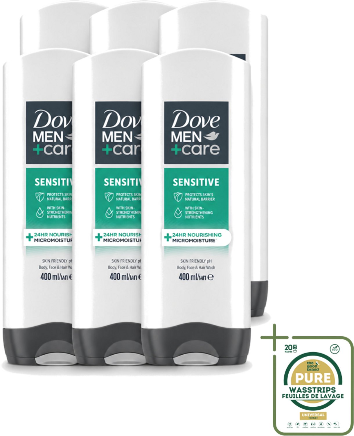 6 x Dove - Shower Gel - 3-in-1 - Men Care Sensitive - Verfrissend en zacht - 400 ml - Wasstrips - Douchegel Mannen - Gevoelige Huid - 3-in-1 Douchegel - Mannelijke Huid Verzorging - Zachte Douchegel