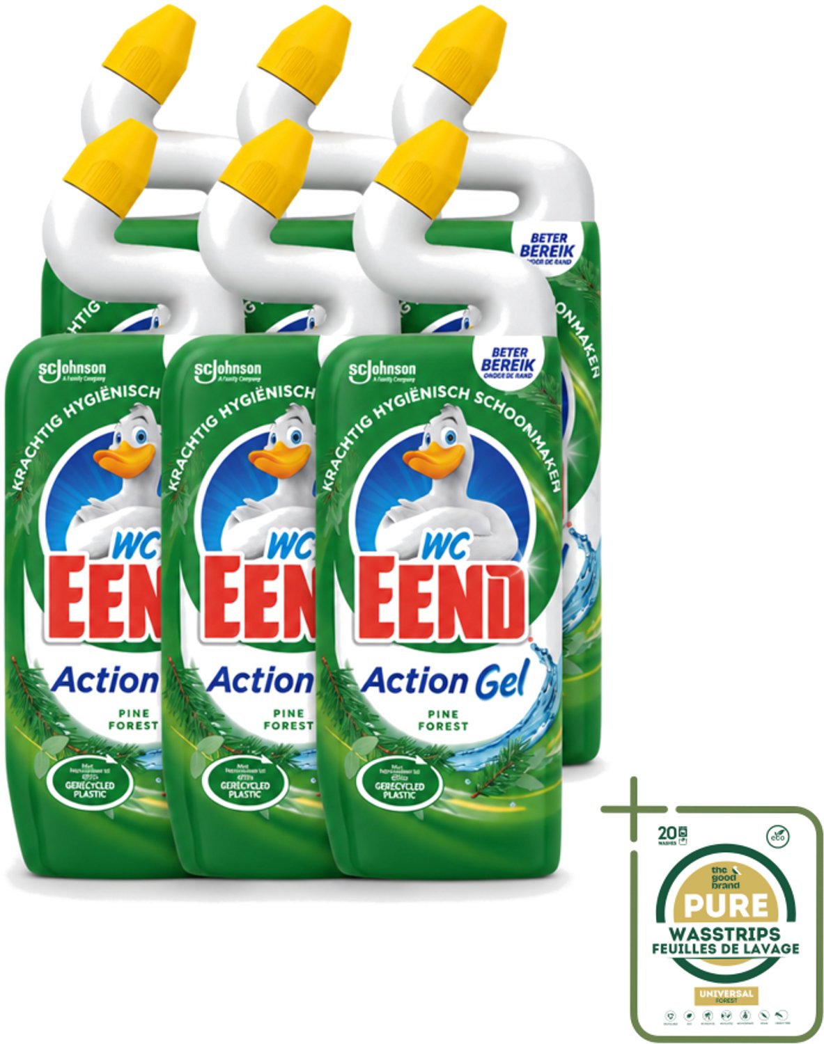 6 x WC Eend - Toiletreiniger - Action Gel - Pine Forest - Krachtige Reiniging & Frisse Dennengeur - 750 ml - Wasstrips - Toiletreiniger - Reinigingsgel - Kalkverwijdering - Urinesteen - Fris Ruiken