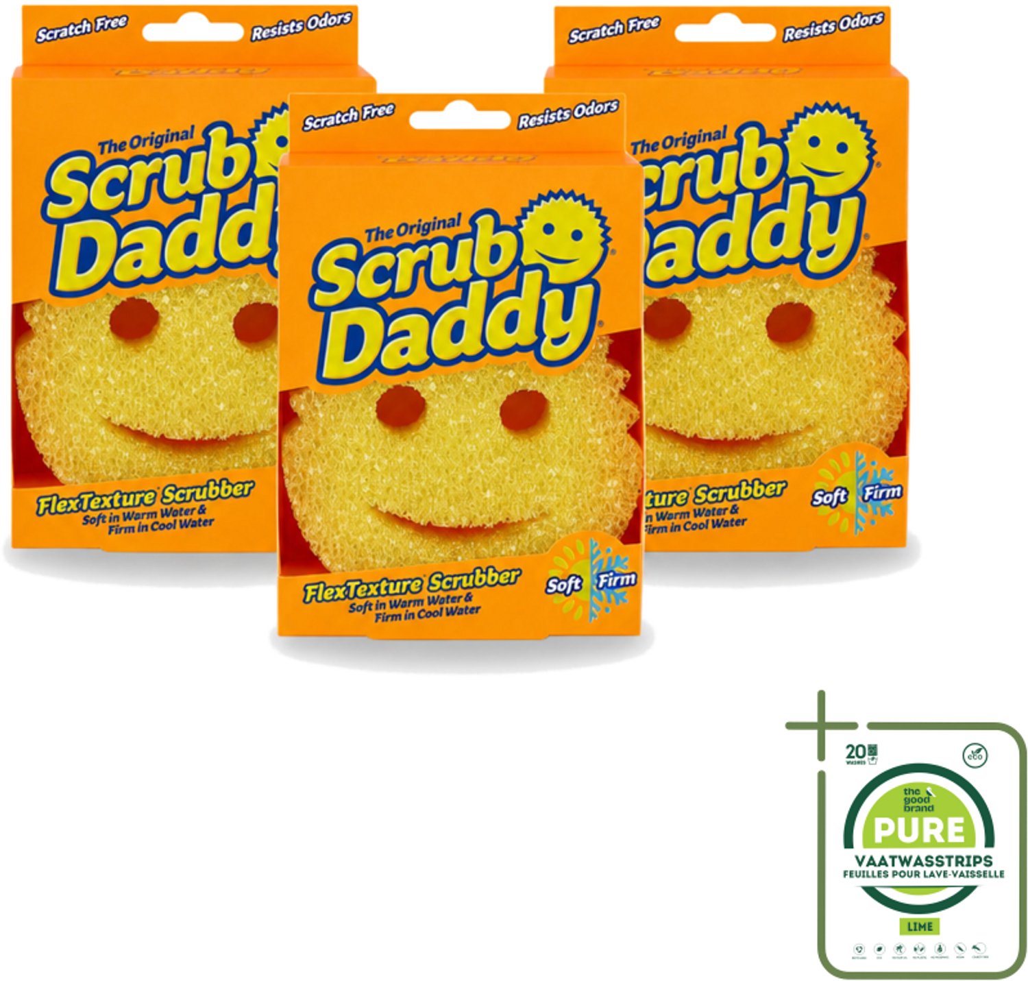 3 x Scrub Daddy - Spons - Veranderende Textuur - 1 Spons - Grootverpakking - Vaatwasstrips - Schoonmaken - Vaat Schoonmaken - Vetvlekken Verwijderen - Koken - Kookgerei Reinigen