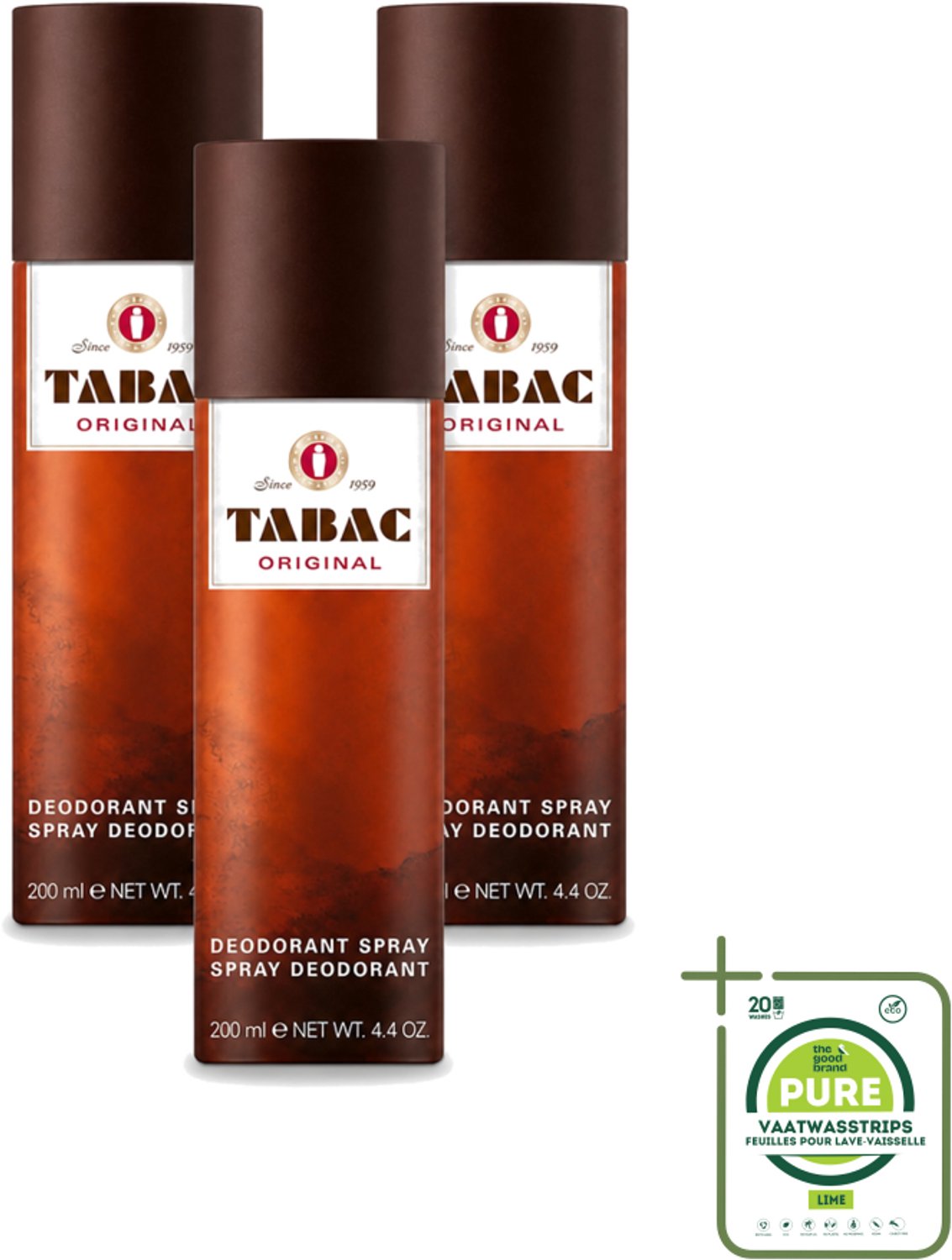 3 x Tabac Original - Deodorant Spray - Anti-transpirant - 200 ml - Grootverpakking - Vaatwasstrips - Deodorant Spray - Anti-transpirant - Zweetvermindering - Geur - Mannelijkheid