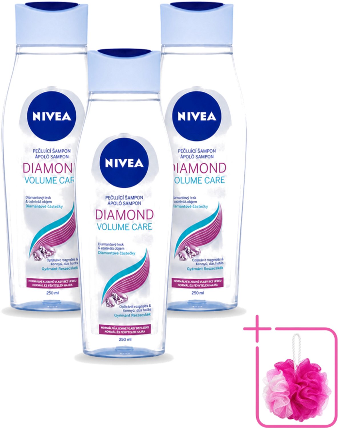 3 x Nivea - Diamond Volume Care Shampoo - 250 ml - Bulkverpakking - Volume haar - Douchemop - Glans haar