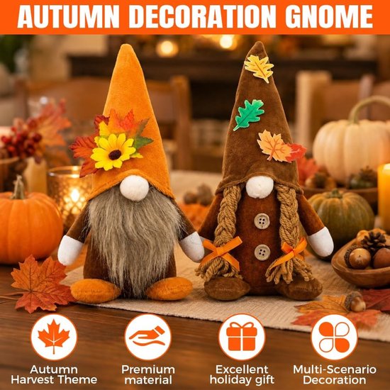 2 Stuks Herfst Kabouters Pluche, Herfstkabouter, Herfstdecoratie, Tafeldecoratie Herfst, Figuren Ornament Gezichtsloze Herfstdwergen voor Huis, Tafel Thanksgiving Decoraties (B) — afbeelding 5