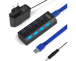 4-poorts USB Hub met Voeding, Actieve USB Hub 3.0+2.0 met Individuele Schakelaars en LED Indicatoren, Plug-and-Play voor Laptops, Macbooks en USB Apparaten