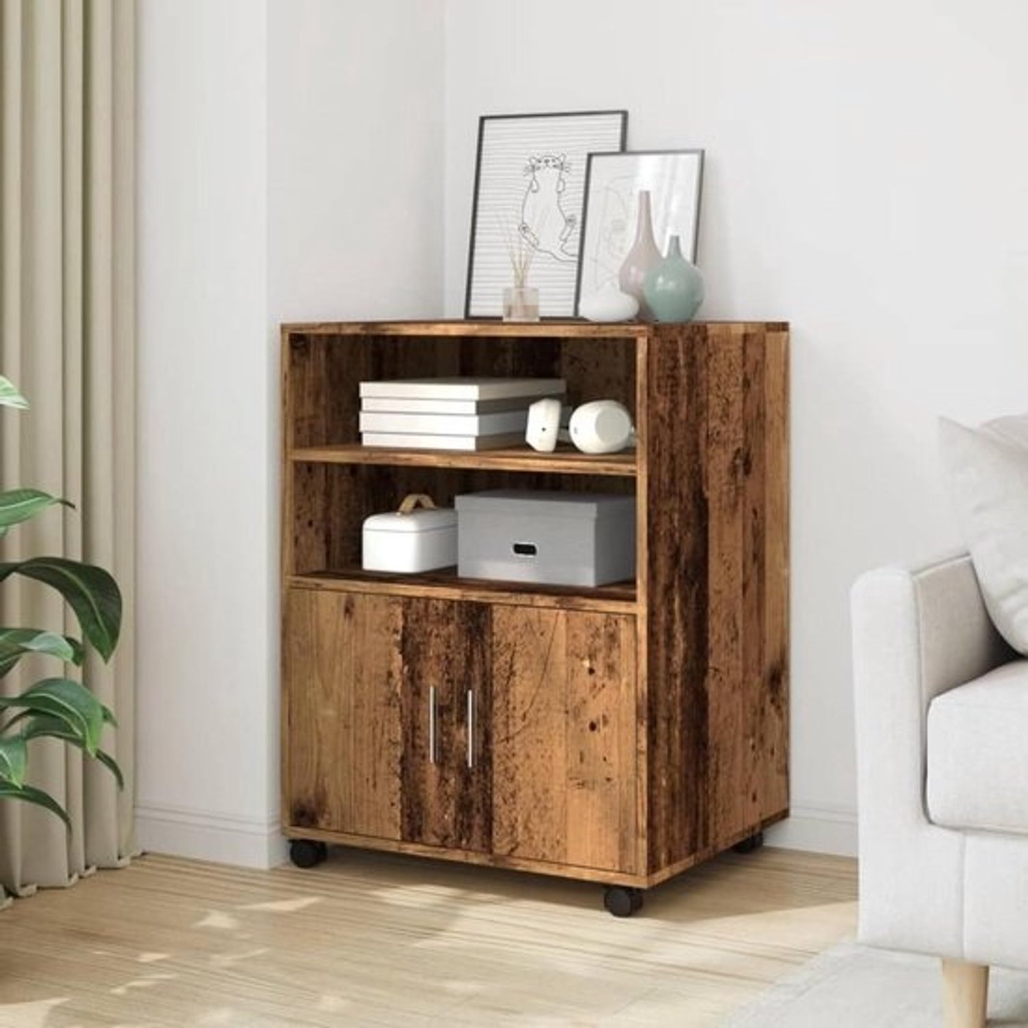 Houten rolkast - Opbergkast - op wielen - Voor thuiswerkorganisatie - 4 zwenkwielen - 60x48x81cm - Kleur oud hout