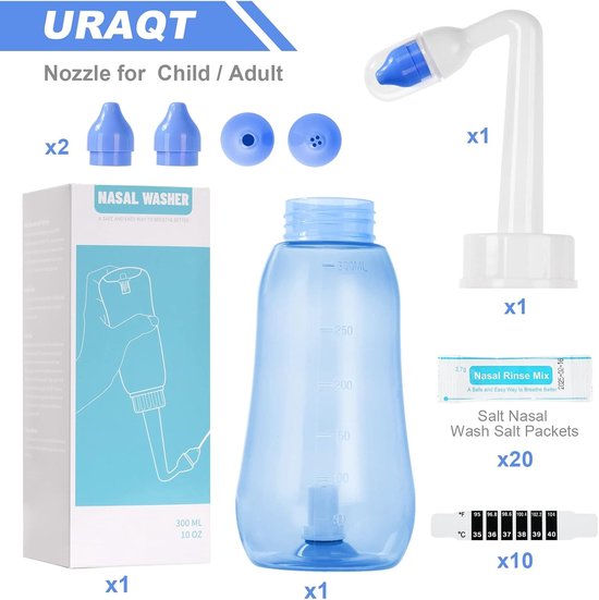 Nasal Wash Set met 300 ml Neusspoeling, 20 Nasale Zoutpakketten en 10 Thermometer Stickers voor Volwassenen en Kinderen, BPA-vrij en Effectieve Neusreiniging — afbeelding 5
