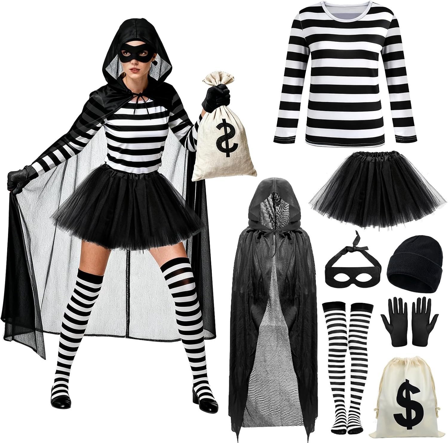 Vrouwelijk 8-delig Dief Kostuum met Cape, Hoed, Masker, Shirt en Rok voor Carnaval en Halloween