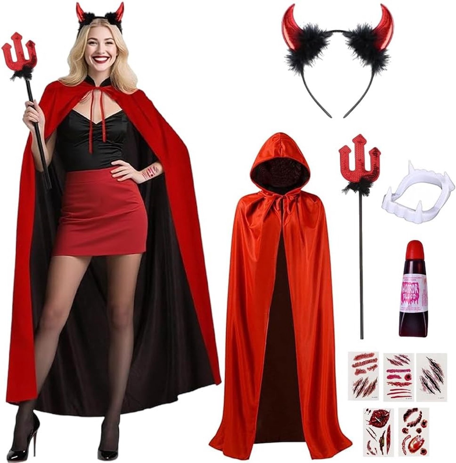 Demonen kostuum voor vrouwen - Halloween outfit met duivelsgewaden, hoorns, en een tattoo-accessoire