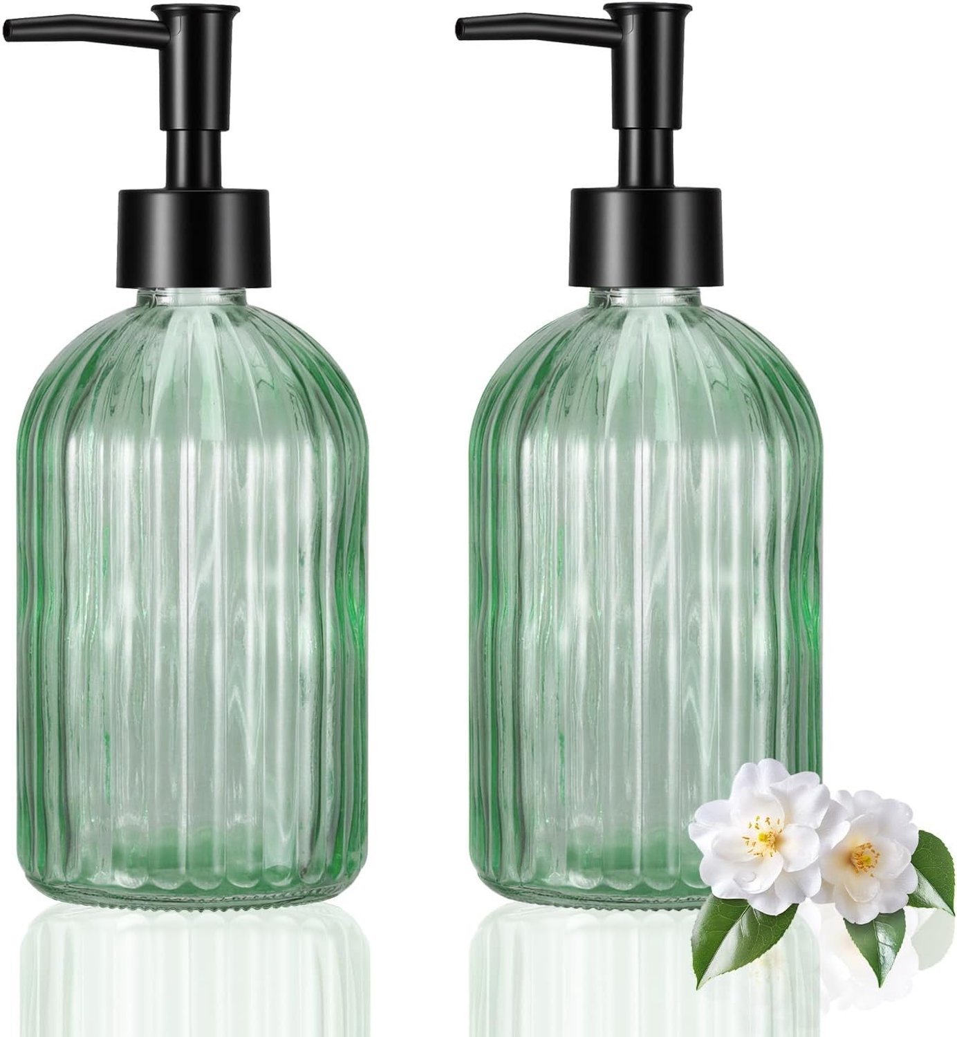 Vulbare Zeepdispenser van Glas 400ml - Set van 2 Transparante Modern Gestreepte Dispensers voor Badkamer en Keuken in Olijfgroen - Ideaal voor Afwasmiddel en Zeep