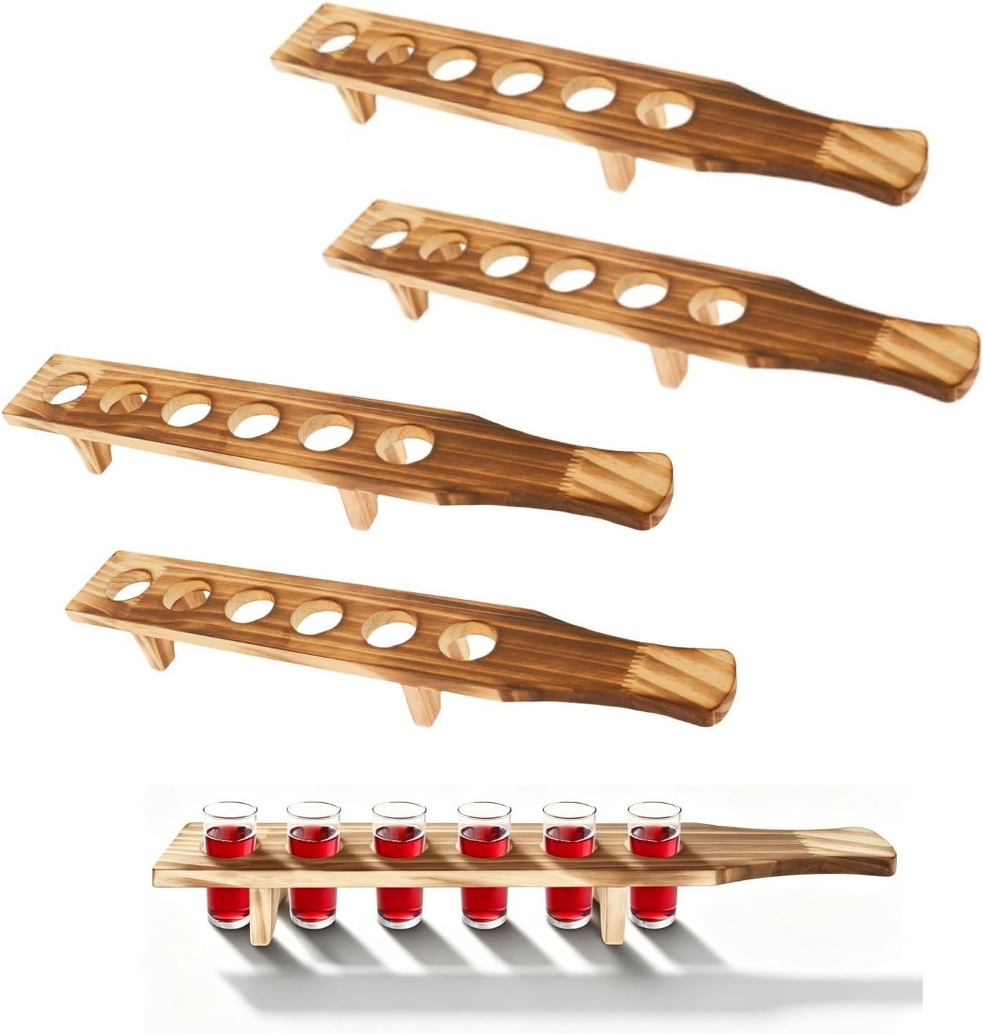 Houten borrelplank voor 6 shots, borrelplank, 43 x 6 cm met 3,5 cm gatdiameter, rustieke borrelbank, houten plank, serveerdienblad voor vrijgezellenfeest, picknick, camping, zonder glazen