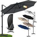 Grijze zweefparasol 360° draaibaar, met parasolhoes en diverse andere kleuren afgebeeld.