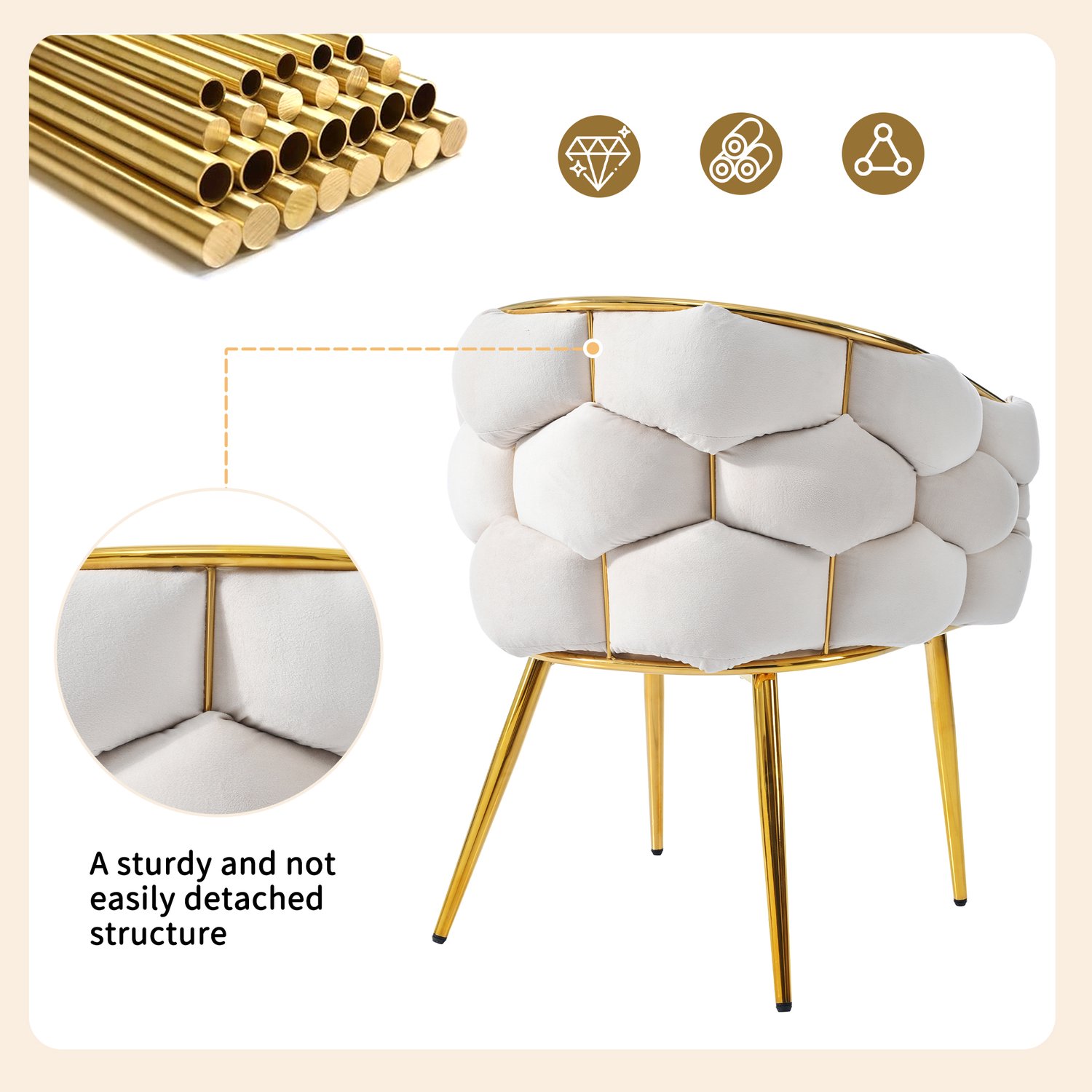 Clruro Eetkamerset - 140 x 80 cm - Tafel met 6 Stoelen - Marmerlook - MDF/Fluweel - Goud Wit