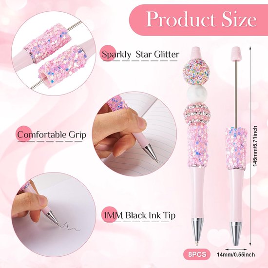 8 stuks kralenpennen bling glitter strass kralen pennen doe-het-zelf plastic balpennen schacht zwarte inkt balpen voor doe-het-zelf pen decoraties benodigdheden kantoor school - roze — afbeelding 3