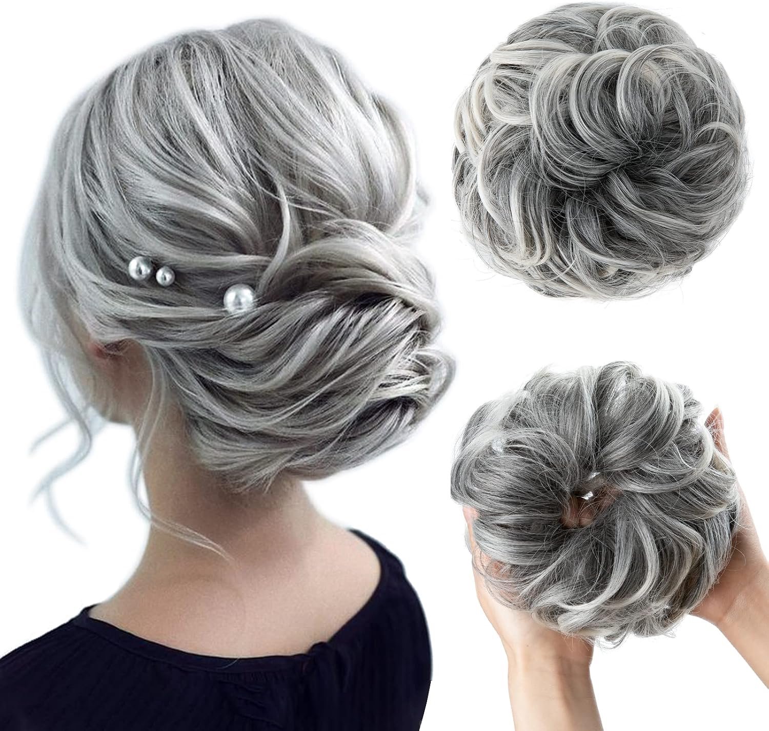 JJstar Haarstukje met elastiek, groot knot, haarstukje, gekruld haarelastiek met haren, opgestoken kapsels, haarverlenging messy bon, haarstukjes voor dames en meisjes, paardenstaart (grijze en witte punten)