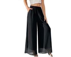 Fakanhui Dames chiffon wijde pijpen palazzo broek hoge elastische taille casual vloeiende zakelijke broek