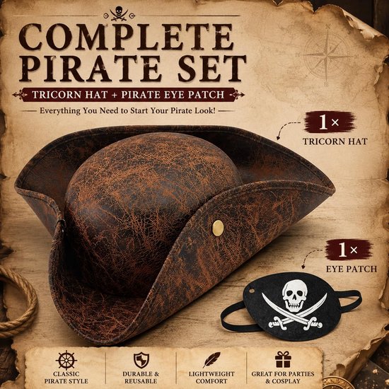 2 stuks piraat hoed ooglapje, bruine tricorn hoed, kunstleertricorn bruin middeleeuwse koloniale stijl, voor Halloween themafeest, cosplay, verkleedkleding volwassenen — afbeelding 5